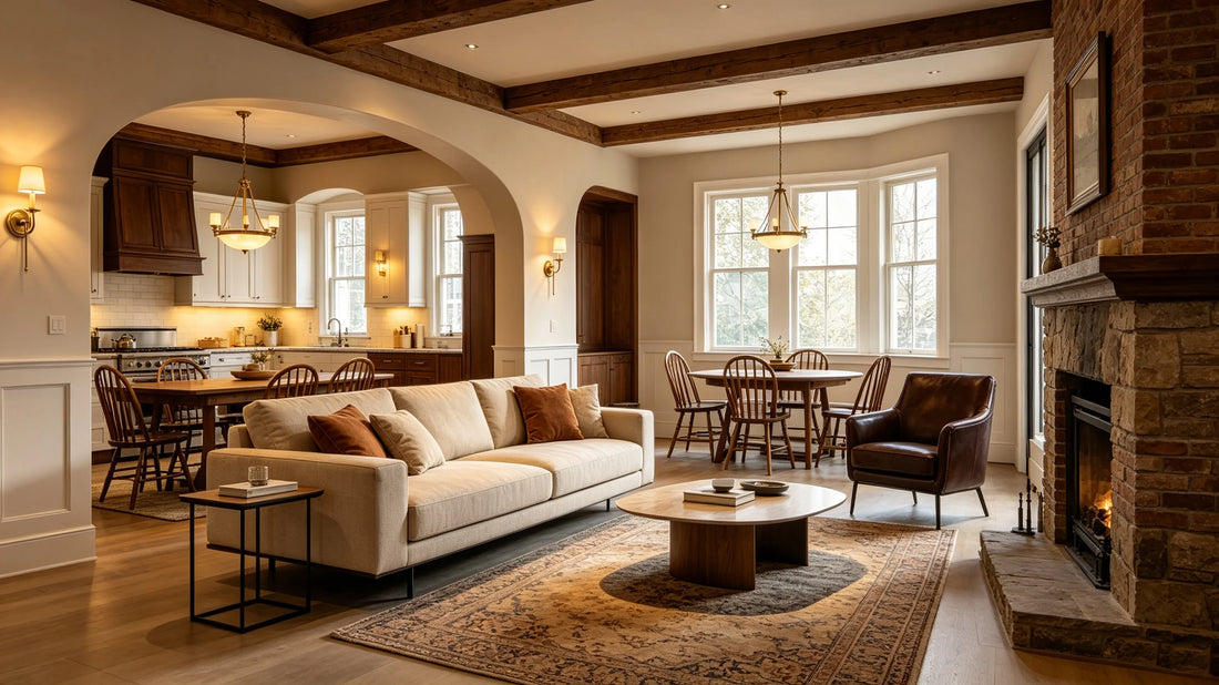 Living room with floating sofa and pendant centered on rug zone