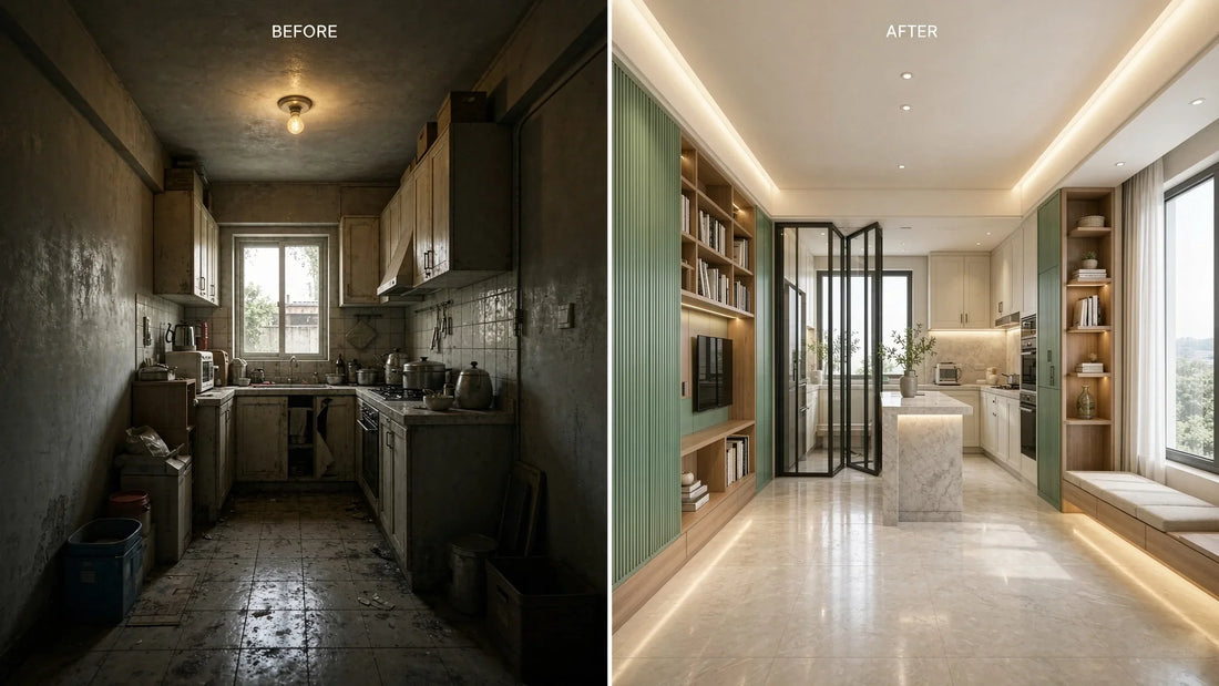 old-home-renovation-lighting-before-after-cover.jpg，Alt 写 Before and after old apartment renovation lighting: dim old kitchen versus bright LED cove, bookwall accent and vanity lighting