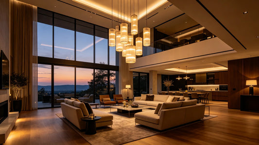 Modern living room with a warm glowing pendant light as the focal point