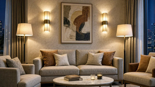 Modern living room with warm LED wall sconces flanking a textured wall and artwork, layered ambient lighting with a dimmable floor lamp, cozy hospitality-style interior, 2700K warm white, CRI90, photorealistic 16:9